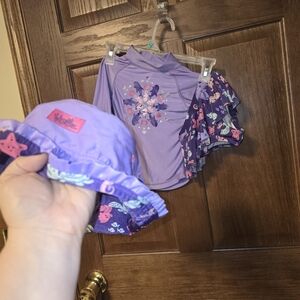 Girls Purple Sea Creature 2 Piece Swim Set with Reversable Hat - Fair Condition